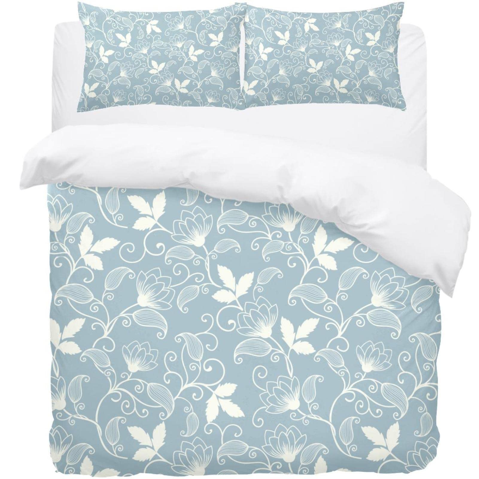Housse de couette douce aquarelle bleue avec ses 2 taies d'oreiller au design floral élégant