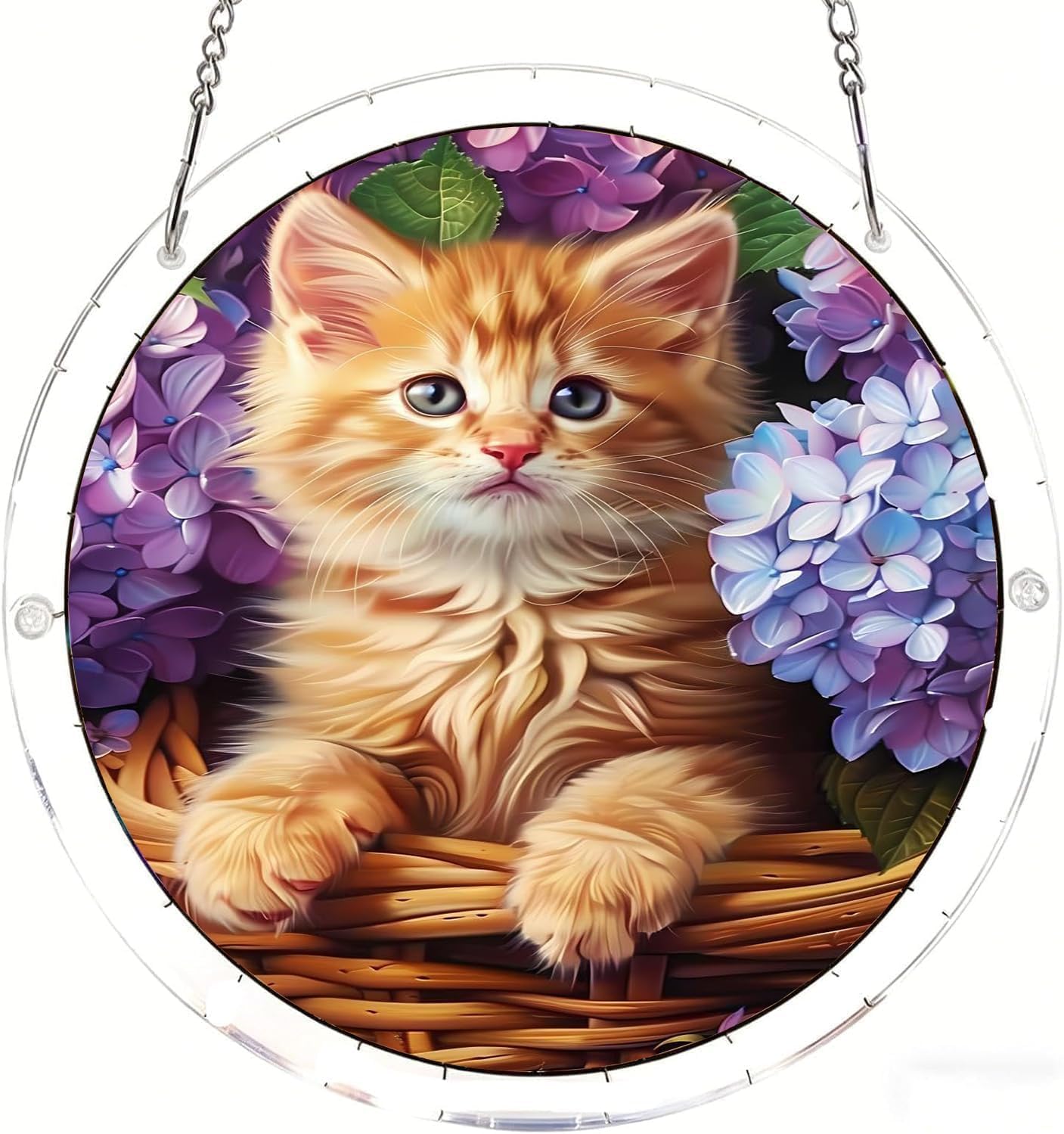 The Cat in the Hydrangeas Acrylic Jigsaw Puzzles Suncatcher, 8.2 Inch Window Hanging Suncatcher Acrylic Puzzle, DIY Home Decor Art Gift
