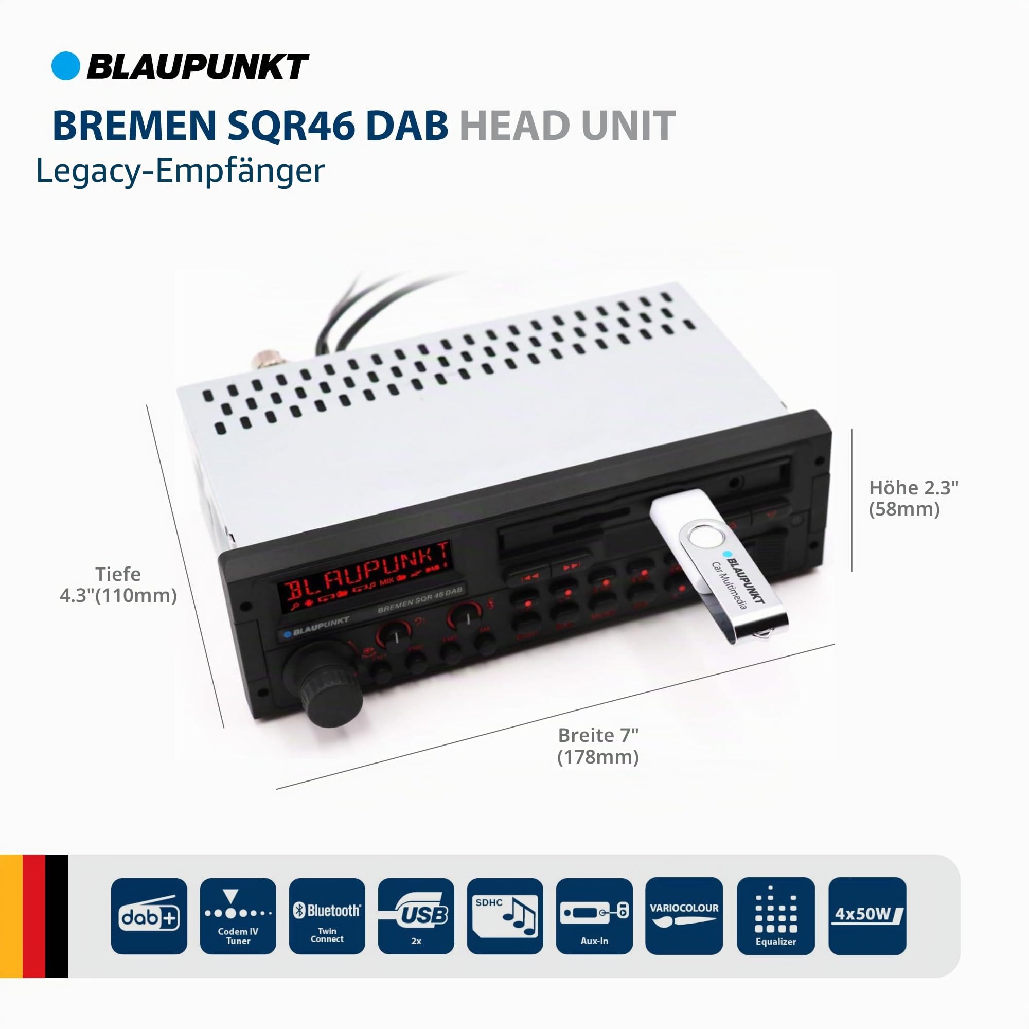 Blaupunkt Bremen SQR 46 DAB, 1-DIN Autoradio, Youngtimer-Design, DAB+, Bluetooth, Freisprecheinrichtung, USB, Aux-Eingang, SDHC, SD, Lenkradfernbedienung, Sub-Out, Variocolour, 4x50Watt, 12V