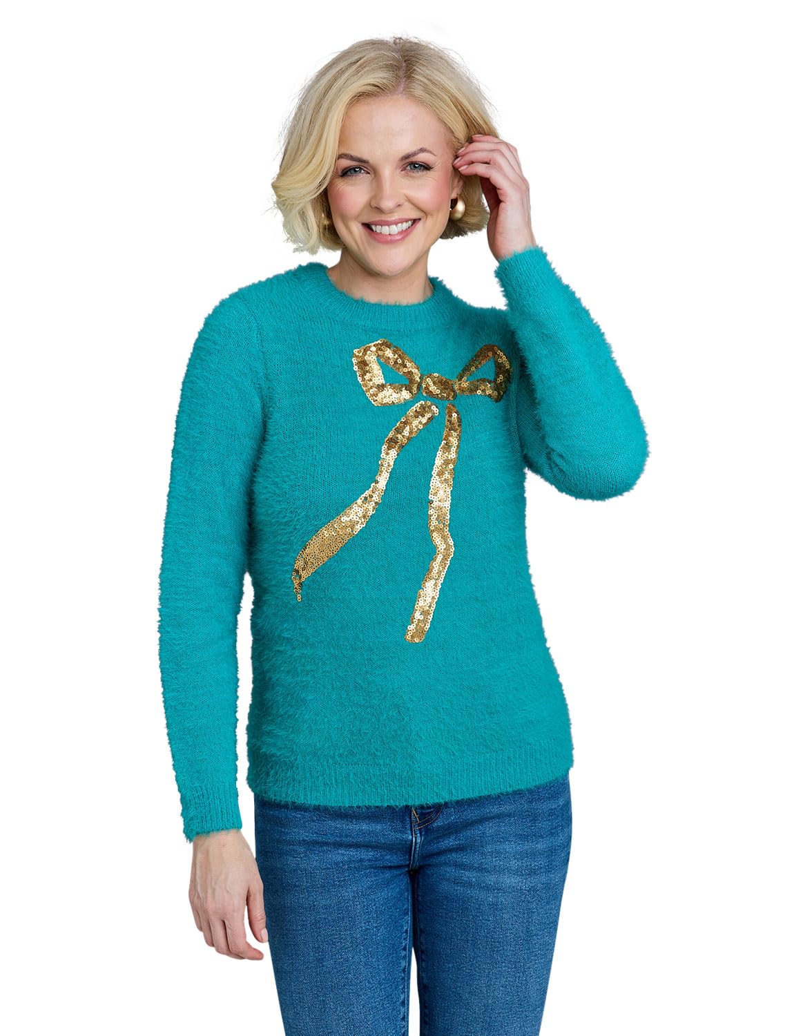 Amber Supersoft Feather Yarn Jumper - Sparkling Bow Sequin - Long Sleeve - Dark Blue - Size 10