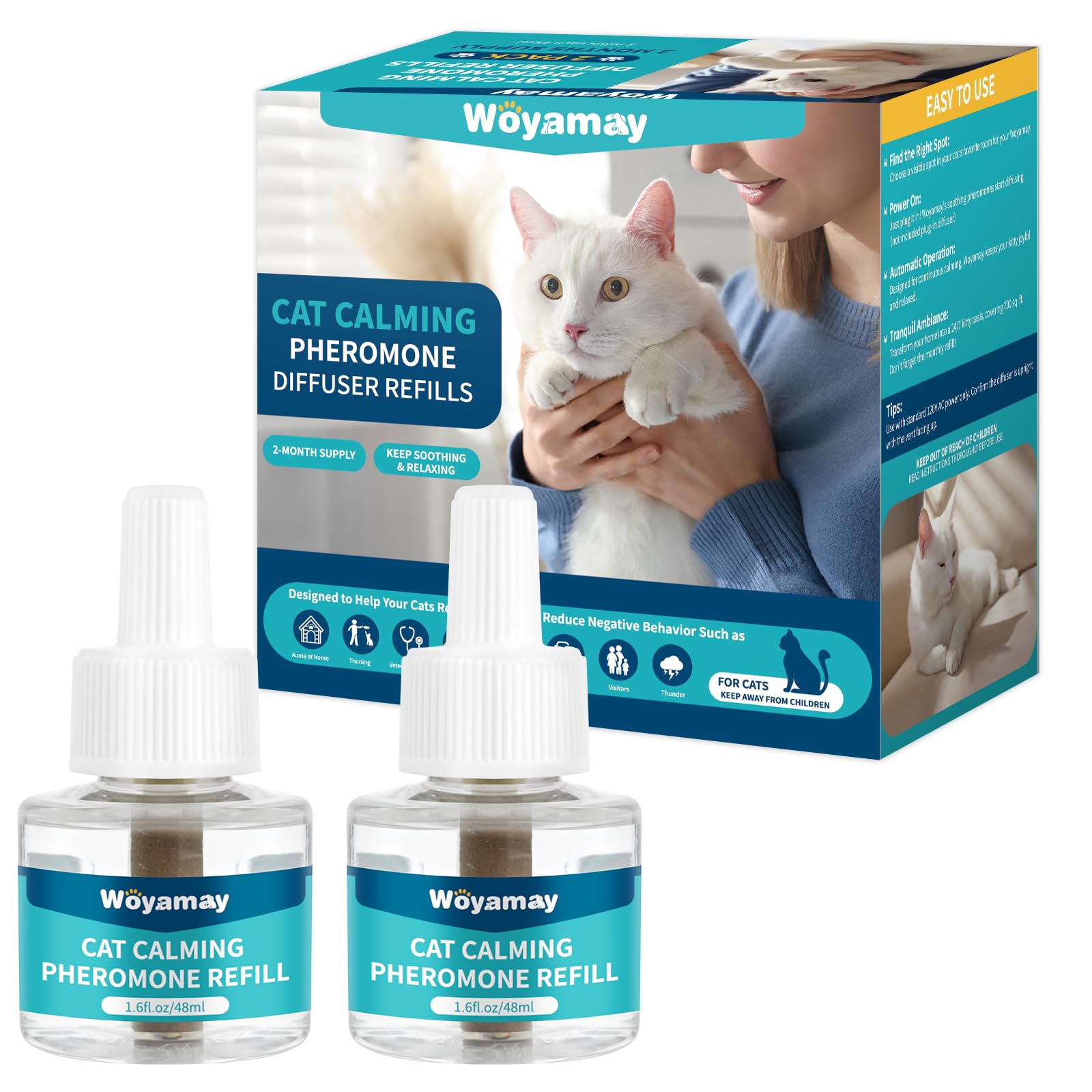 Cat Calming Diffuser Refills - Cat Pheromones Calming Diffuser for Cats Relieve Anxiety & Stress, 2-Month Supply Cat Pheromone Diffuser Refills (Fits All Common Diffuser