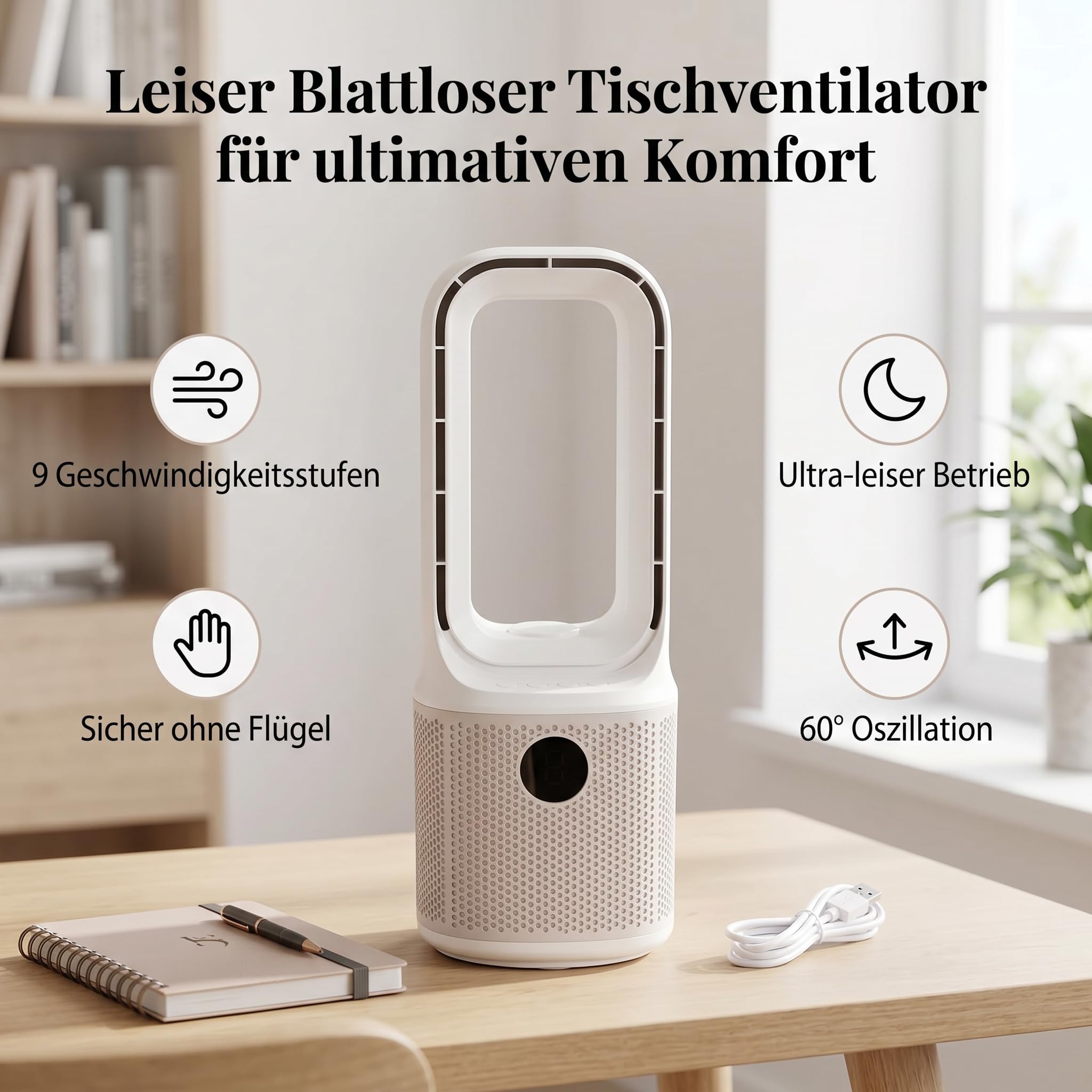 Pissente Rotorloser Ventilator mit Luftreiniger, Turbinentechnologie, 9 Geschwindigkeiten und 60-Grad-Oszillation, Leiser Tragbarer Ventilator für Zuhause und Büro