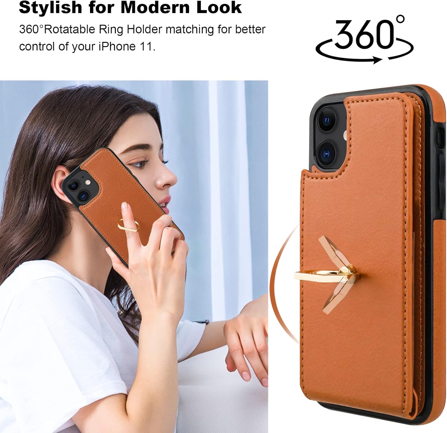 Folosu Compatible with iPhone 11 Case Wallet with Card Holder, 360°Rotation Finger Ring Holder Kickstand Protective RFID Blocking PU Leather Double Buttons Flip Shockproof Cover 6.1 Inch Brown