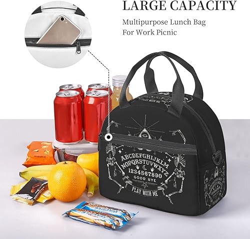 Miniatura 5 de Bagea-Ka Bolsa de almuerzo con diseño de esqueleto mágico vintage Ouija negro para mujeres y hombres, aislada, reutilizable, bolsa de mano con