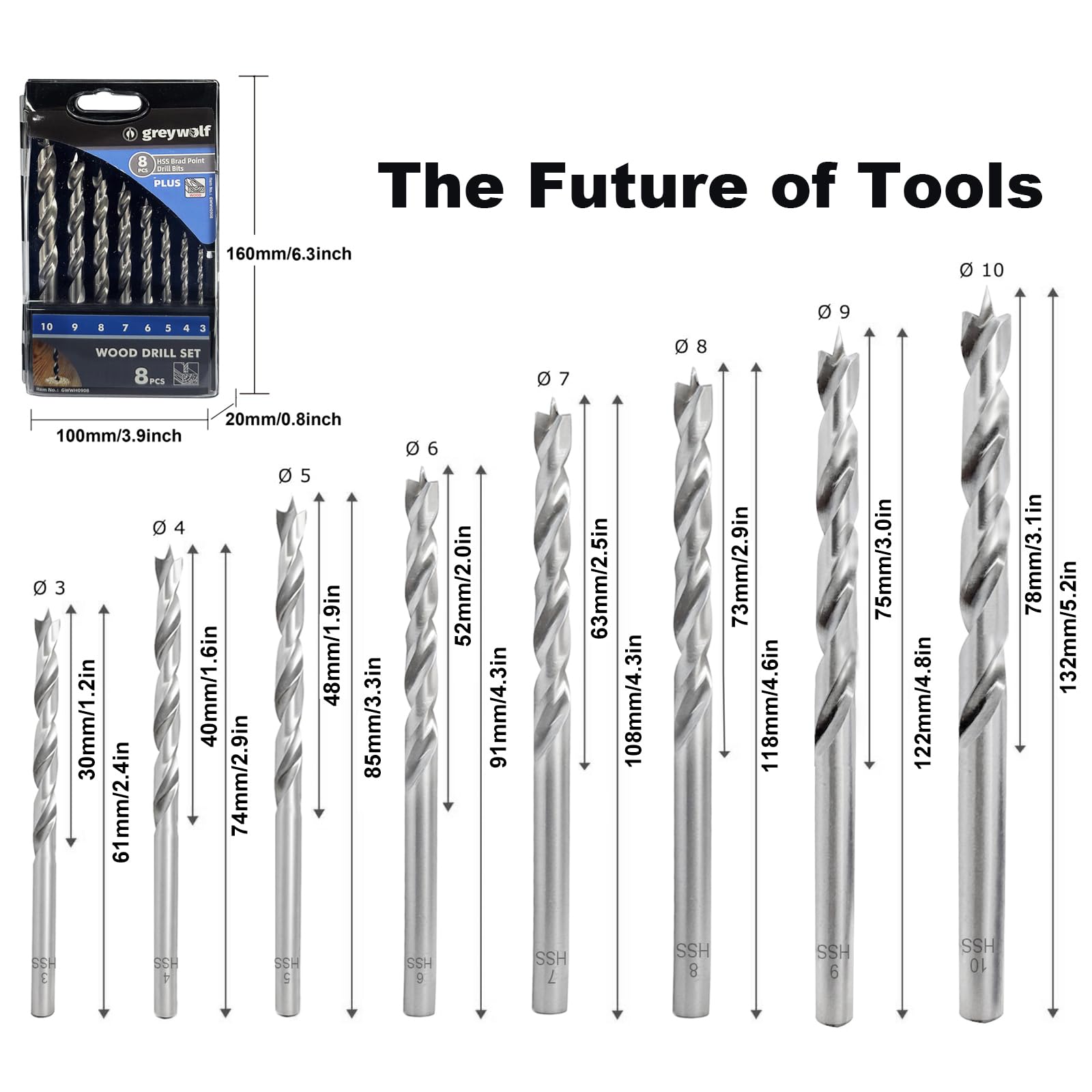 Set di 8 punte per legno Brad Point, set di punte elicoidali HSS per la lavorazione del legno, design a doppia fessura, scatola robusta con indice, per lavoratori del legno e fai da te (3mm-10mm)