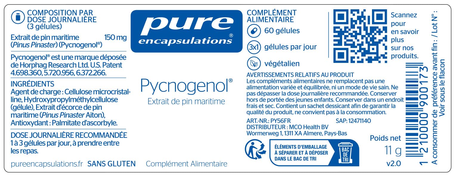 Pure Encapsulations - Pycnogenol - Extrait Naturel de Pin Maritime Titré - Contribue à Maintenir l'Élasticité de la Peau & Une Bonne Circulation - 60 Gélules Véganes