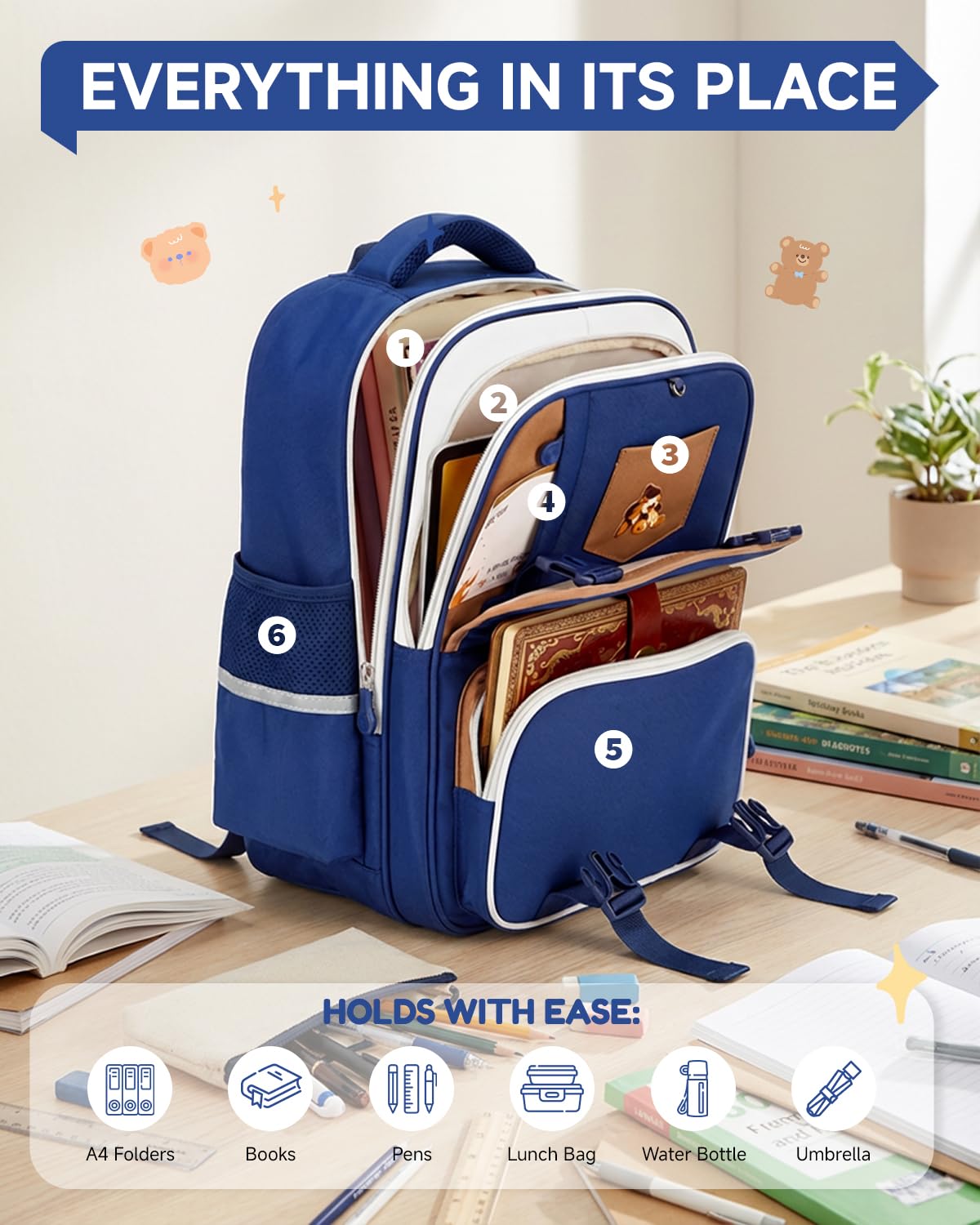 Amythe Zaino Scuola Elementare Bambino 6-10 Anni – Zaino Bambini Leggero (600g) Ergonomico con Fasce Riflettenti – Impermeabile per la Scuola, i Viaggi e il Quotidiano - Blu