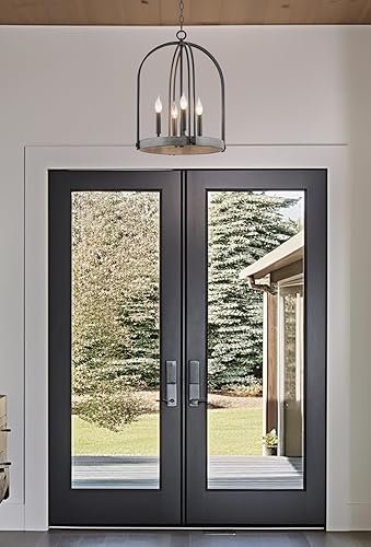 Miniatura 3 de Kira Home Sinclair - Lámpara colgante de granja de 22 pulgadas, 4 luces, lámpara de vestíbulo, estilo madera de roble gris + acabado negro arenado