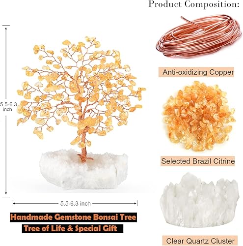 Miniatura 2 de Árbol de la vida con piedras preciosas de citrino natural, base de racimo de cuarzo transparente, árbol de dinero bonsái Feng Shui, decoración del