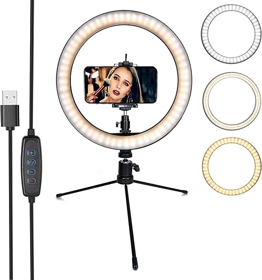 10" 3 Light Modes Desktop Ring Light for Zoom Meetings, with Stand, Phone Holder, USB Powered