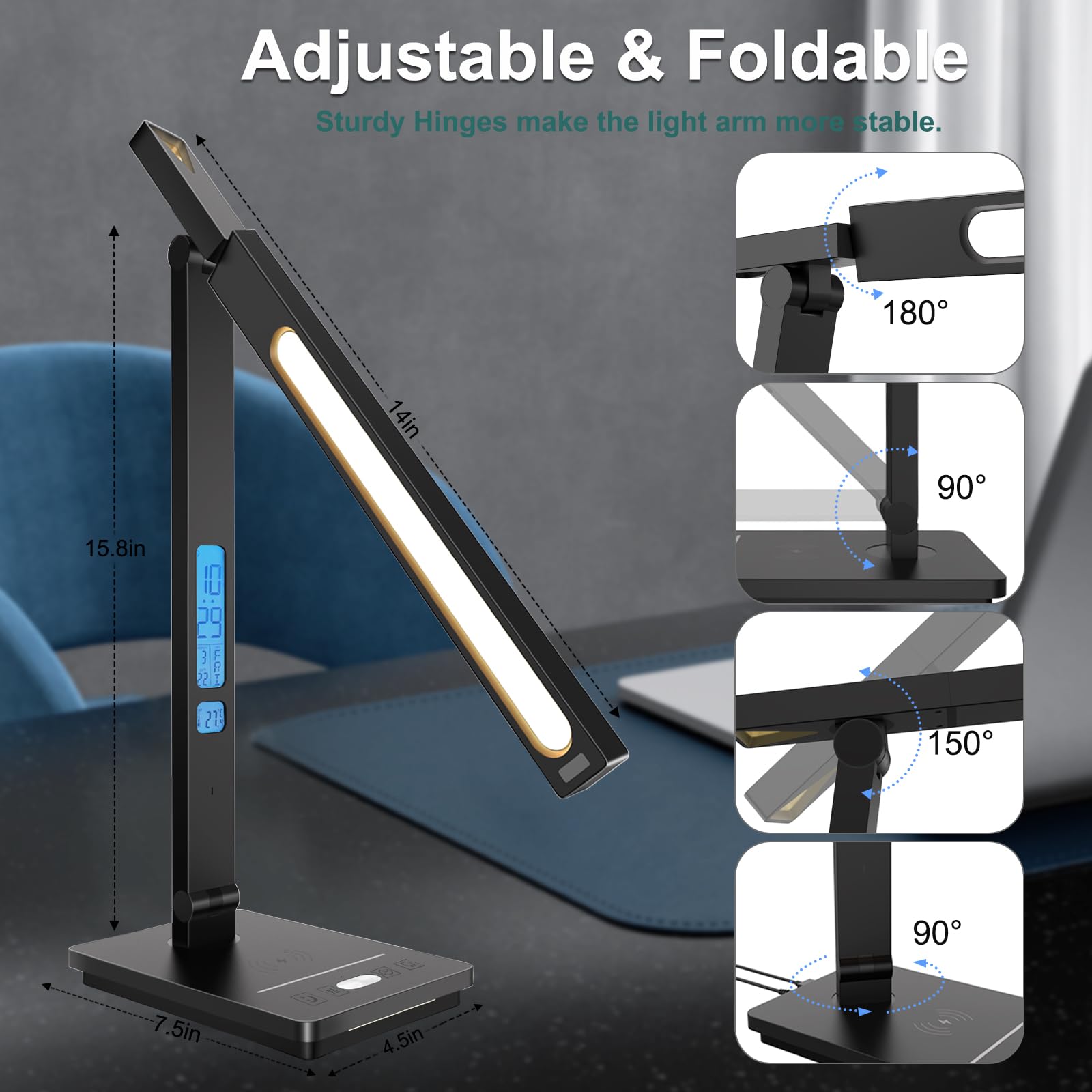 Lámpara de escritorio inteligente 10 en 1, luz de escritorio para Colleage Drom Room Office, lámpara de mesa con luz nocturna, lámpara para escritorio con cargador inalámbrico de 10 W, lámpara táctil 8