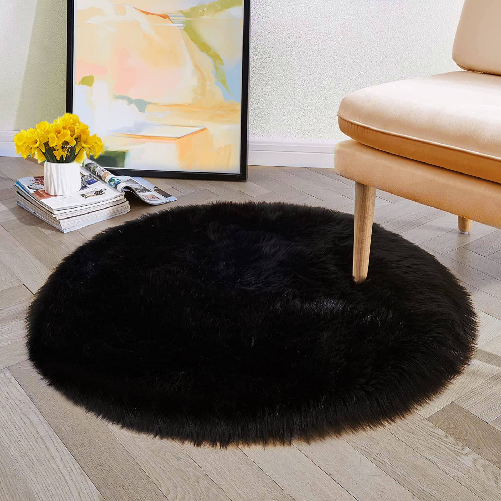 Fur Rug Large Black Round Rugs 6ft Fluffy Washable Faux Sheepskin Shaggy Fur Rugs for ...