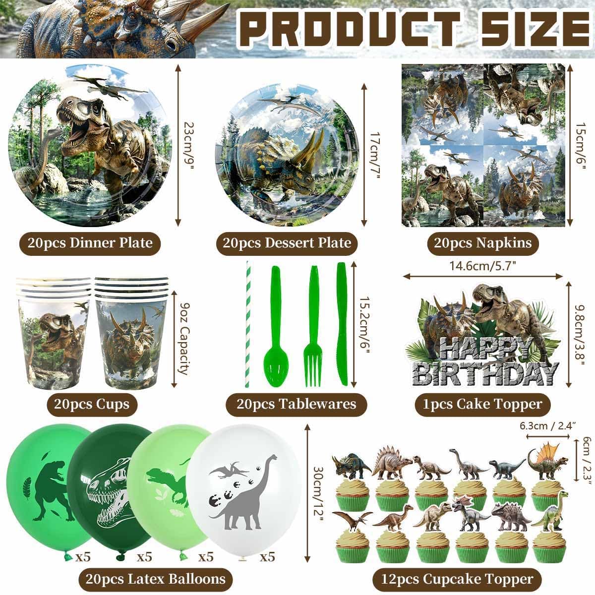 Dinosaur Birthday Party Supplies Kit for Boys, Dino Birthday Decorations-20 Guest-Include Plates, Napkins, Cups, Tablecloth, Banner, Balloons, Cake Topper, Hanging Swirls, Tableware