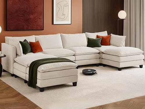 Miniatura 11 de Sofá modular de 111 pulgadas en forma de L con sofá otomano de felpilla con almohada para sala de estar, dormitorio y apartamento, 5 asientos, color