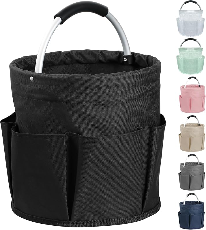Carrito de limpieza de 17 litros con asa y 6 bolsillos, carrito de limpieza plegable, carrito de ducha portátil en tela Oxford 600D, cesta de almacenamiento multifuncional para camping, jardinería, negro