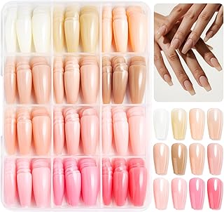 12 Color Coffin Press on Nails Nude Pink Fake Nails Pure Color False Nail Light Color Glue on Nail Reusable Glossy Full Cover Artificial Acrylic Medium Stick on Nail for Women DIY Manicure 288 Pcs