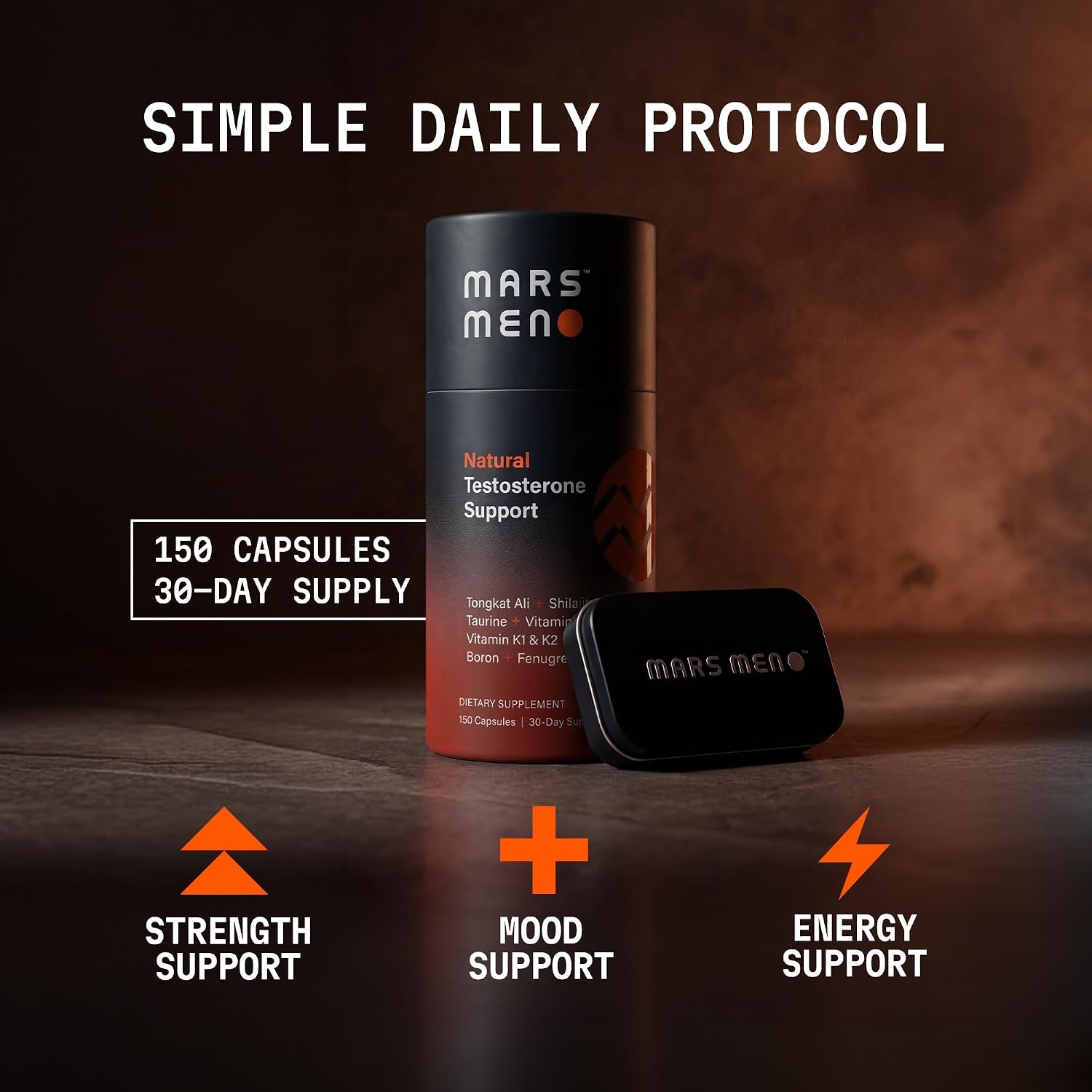 Testosterone Booster for Men - Natural Supplement Premium Tongkat Ali, Fenugreek, Shilajit & Boron - Male Support - Libido, Energy & Muscle Growth Support Includes Mars Men Tin - 30 servings