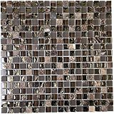 Tenedos Dark Emperador Marble with Brown Glass Frosted 5/8 Square Mosaic Wall Decor Tile for Kitchen Backsplash Bathroom Wall (1 Sheet)