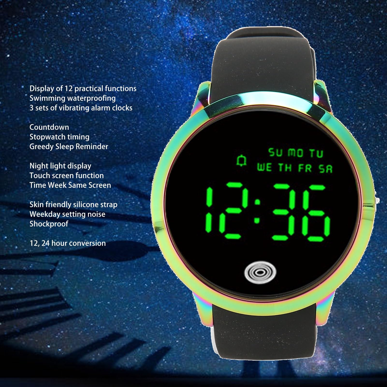 Orologio Digitale da Uomo, Orologio Sportivo Ultra Sottile Retroilluminato con Allarme Data Conto alla Rovescia Allarme Touch Screen a Colori Rotondo 50M Resistente