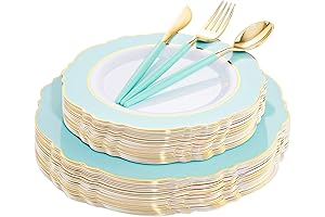 WDF 30Guest Mint Green Plastic Plates & Disposable Gold Plastic Silverware With...