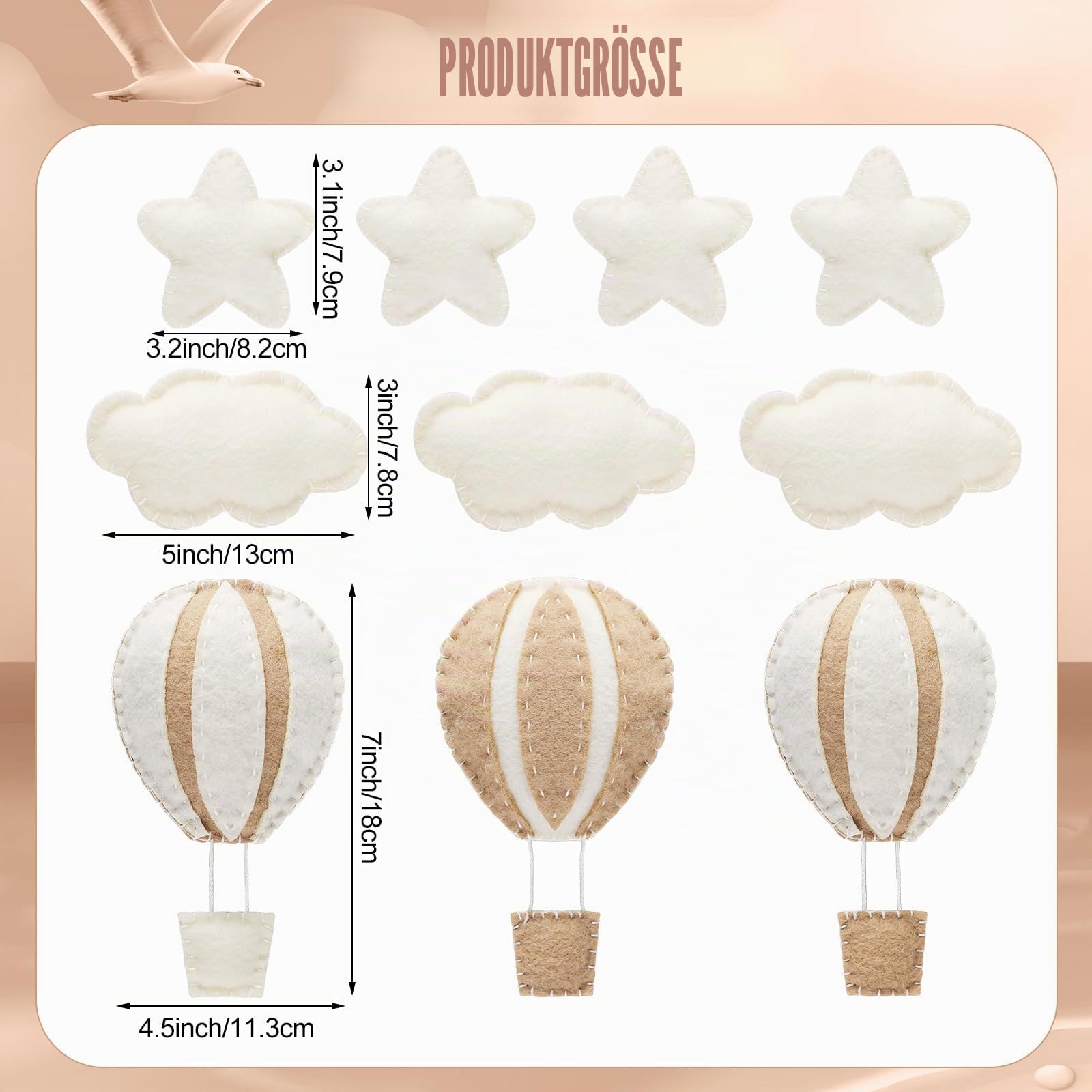 Poen 10 Stück Stern-Heißluftballon und Wolke, Kinderzimmer, Dekoration, Western-Wanddekoration für Schlafzimmer, Mini-Filz, Wolken, Sterne, Heißluftballon, Kinderzimmer, Filzwand für Kinderzimmer,