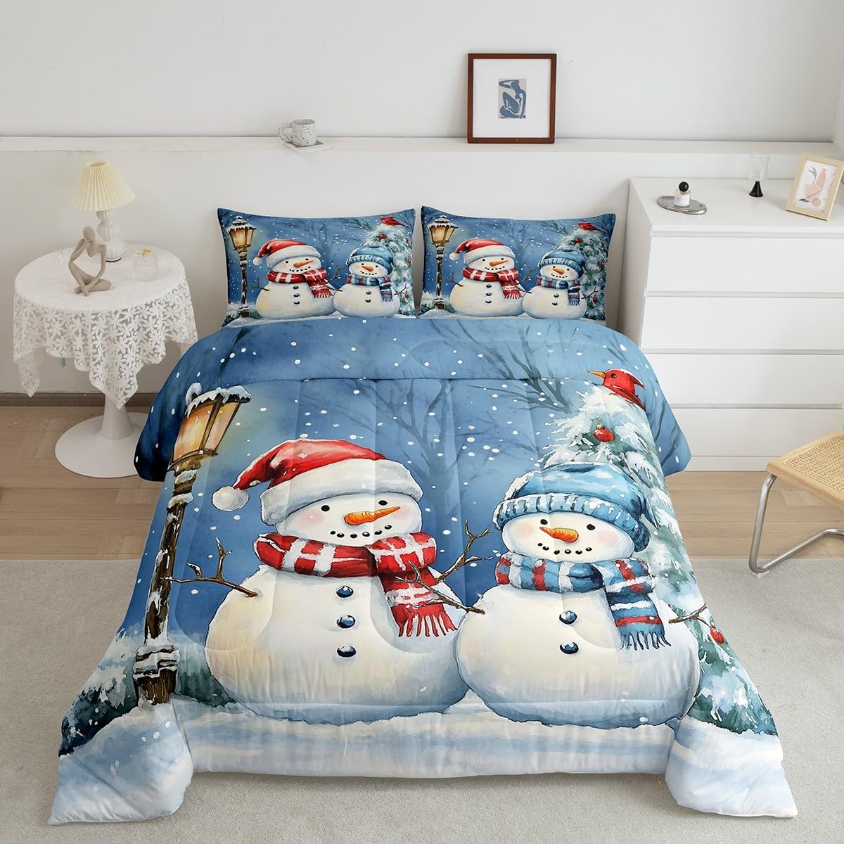 Cartoon Snowman Comforter Set Twin Size,Snowflake Christmas Tree Bedding Set for Kids Girls Boys Adults Room Decor,Red Bird Merry Christmas Quilt Set 2Pcs,Xmas Theme Duvet Insert,1 Pillowcase