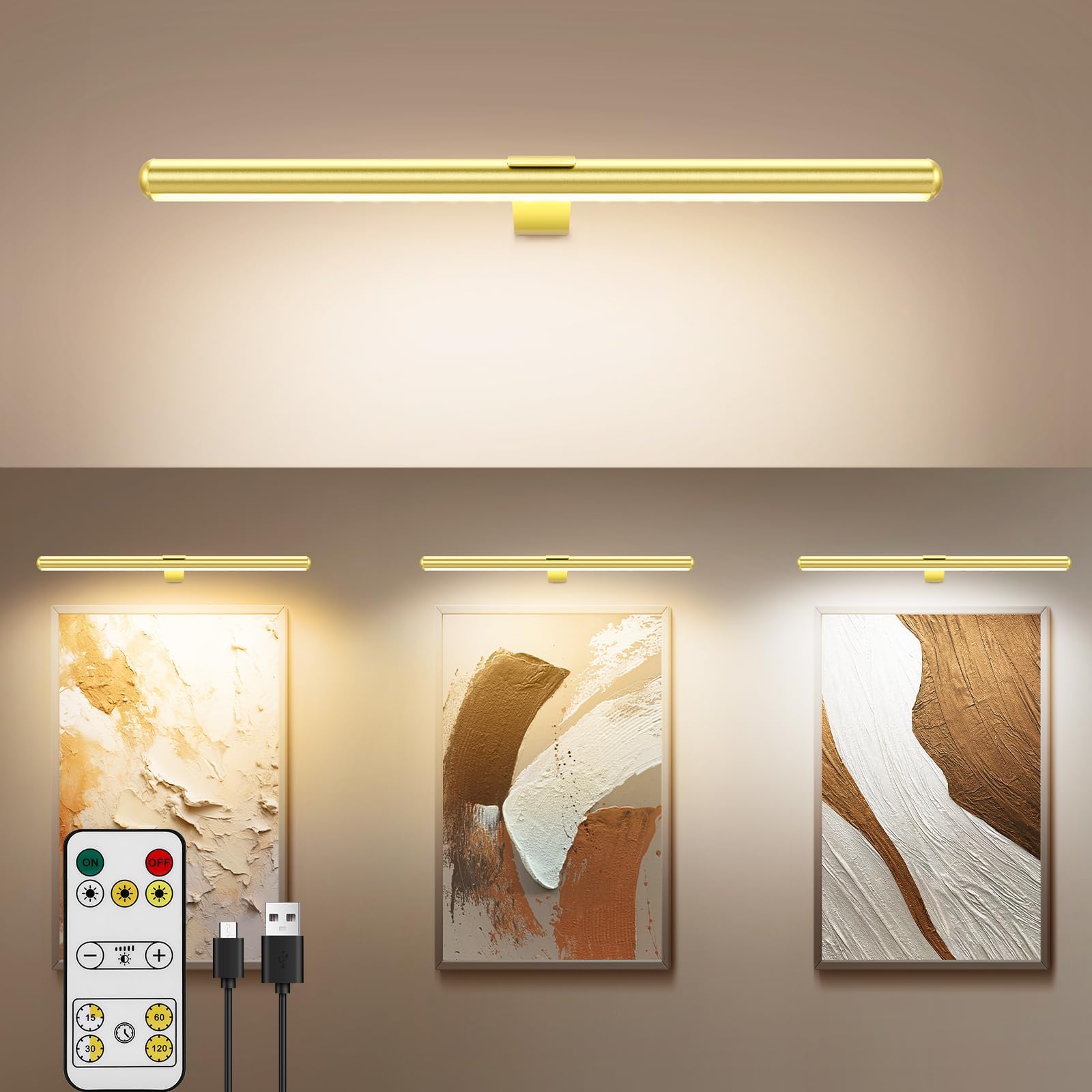 TINTINDOC 22'' Picture Light Gold for Painting with 3 Lighting,Rechargeable Wall Art Light for Painting Brightness Dimmable,Battery Display Accent Light for Picture Gallery Poster Frame Dartboard