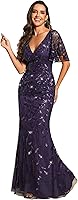 Ever-Pretty Women's Sequin Mermaid Evening Gown - V-Neck Ruffle Sleeves, Embroidery Prom Bridesmaid Dress