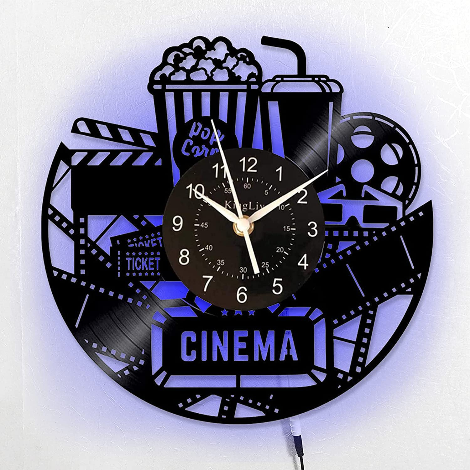 Smotly Black Vinyl Wall Clock, Popcorn Cinema Package Themed Pattern With Led Night Light, A Wall Clock Gift For Friends Who Love Movies.