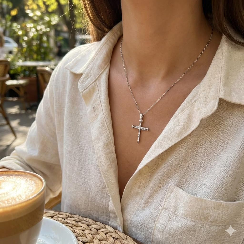 Charm America Silver Nail Cross Pendant Necklace - Moissanite Stones - 925 Sterling Silver - Religious Cross - Nail Cross Jewelry - Image 3