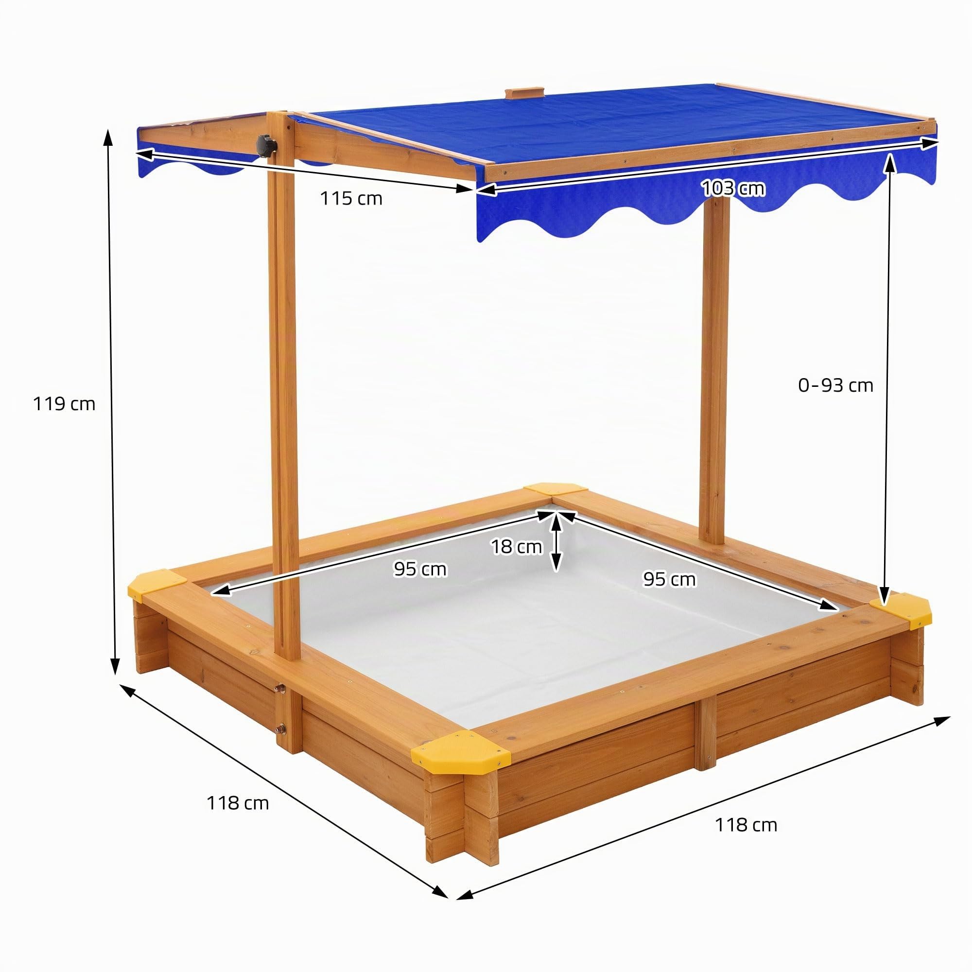 ML-Design Sandkasten mit Dach 118x118 cm, Sandkiste aus Massivholz, Holz Sandbox mit Abdeckung, Bodenvlies & Kantenschutz, UV 50 Sonnenschutz, Outdoor, Buddelkasten, Garten Sandspielzeug für Kinder