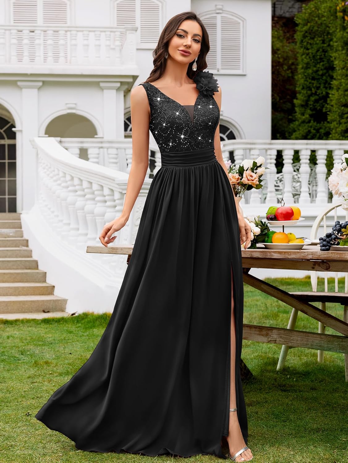 Miusol Women's Vintage V-Neck Sleeveless Sequined Split Formal Evening Maxi Dress - Image 6