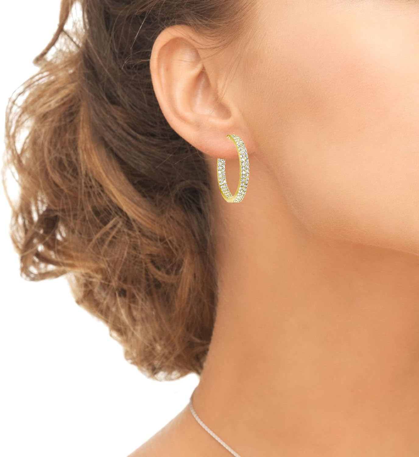 Sterling Silver 3mm Inside Out Two Row Cubic Zirconia Round Hoop Earrings, Options Available - Image 3