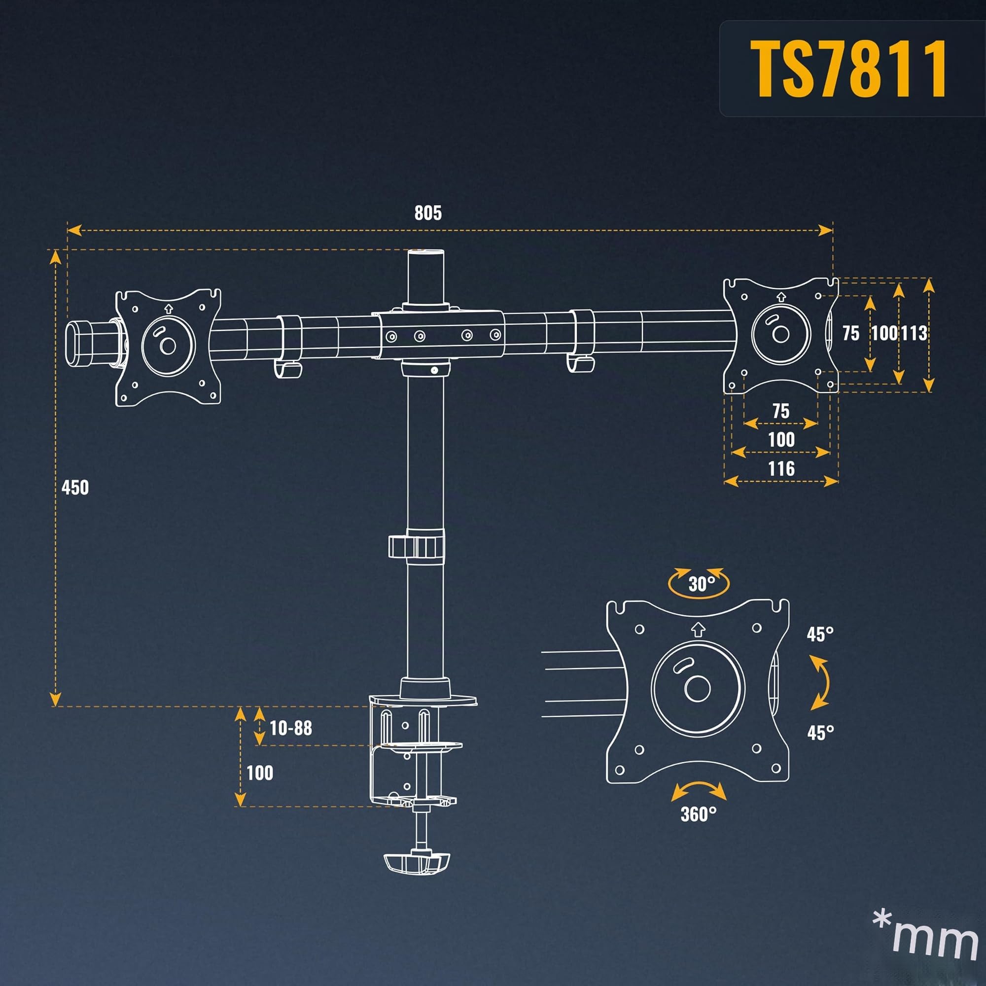 RICOO TS7811 Supporto monitor da scrivania 13-27 pollici per 13 27 pollici girevole inclinabile fino a 10 kg max VESA 100x100