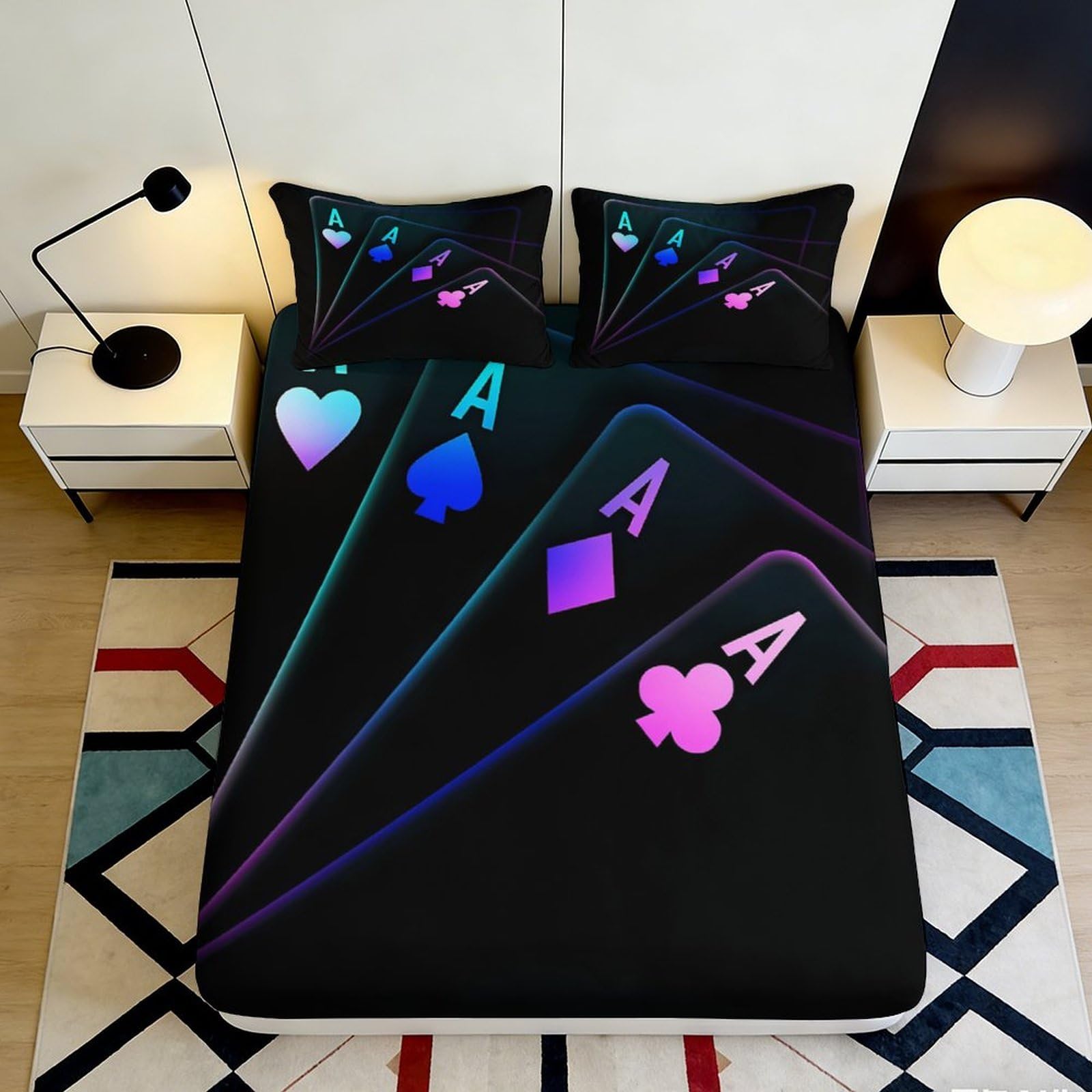 3D Printed Poker Theme Fitted Sheet Microfiber Deep Pocket Elastic Hem Bedroom Bedding Poker Mattress Fitted Cover for Adults 140x200x25cm