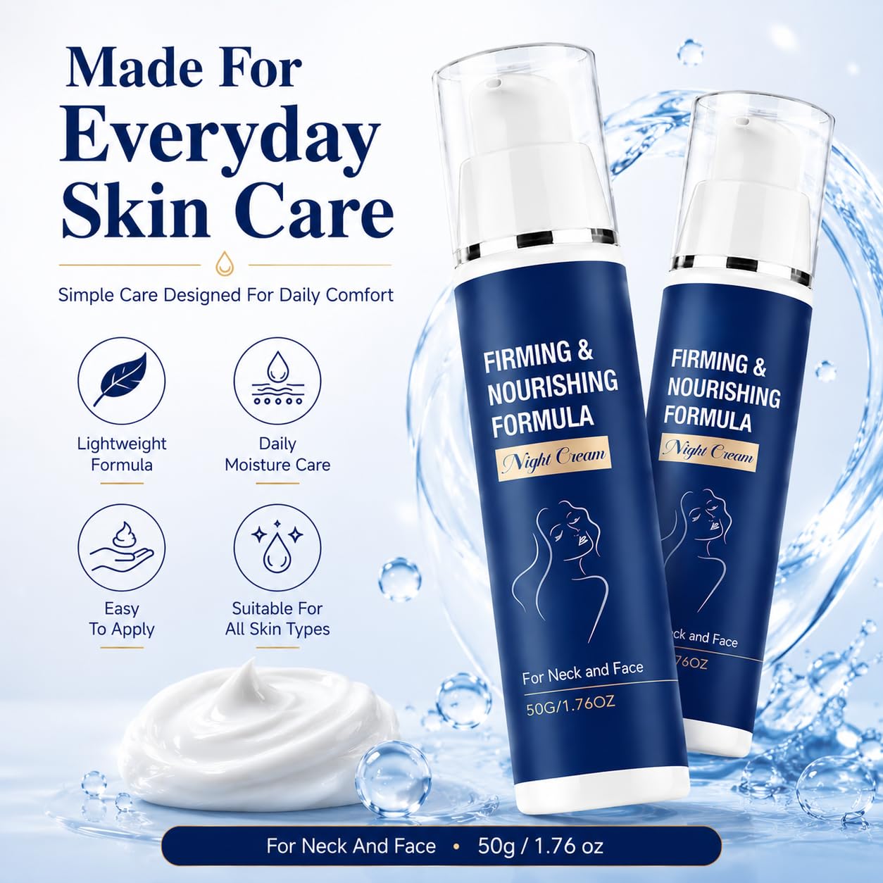 Firming & Nourishing Night Cream for Neck and Face, Overnight Moisturizing Cream for Daily Skin Care-Chelsea Laboratory Formula, 50g, 2 Pack