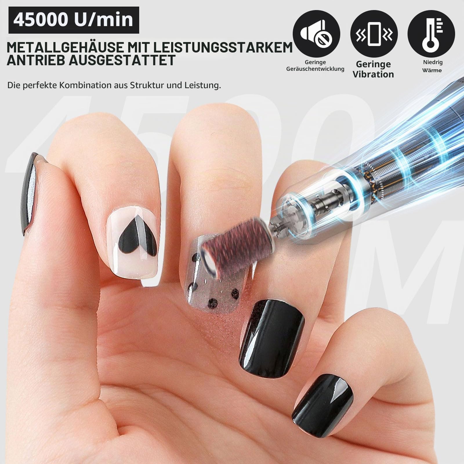 Elektrischer Nagelfräser Professionell, 45000 U/min,Tragbare Nagelfeile für Acrylnägel Gelnägel, mit 13 Bits und 56 Schleifbändern, LED-Bildschirm, Ultra-Leise, Salon-Grade Efeil-Nagelmaschine (Weiß)