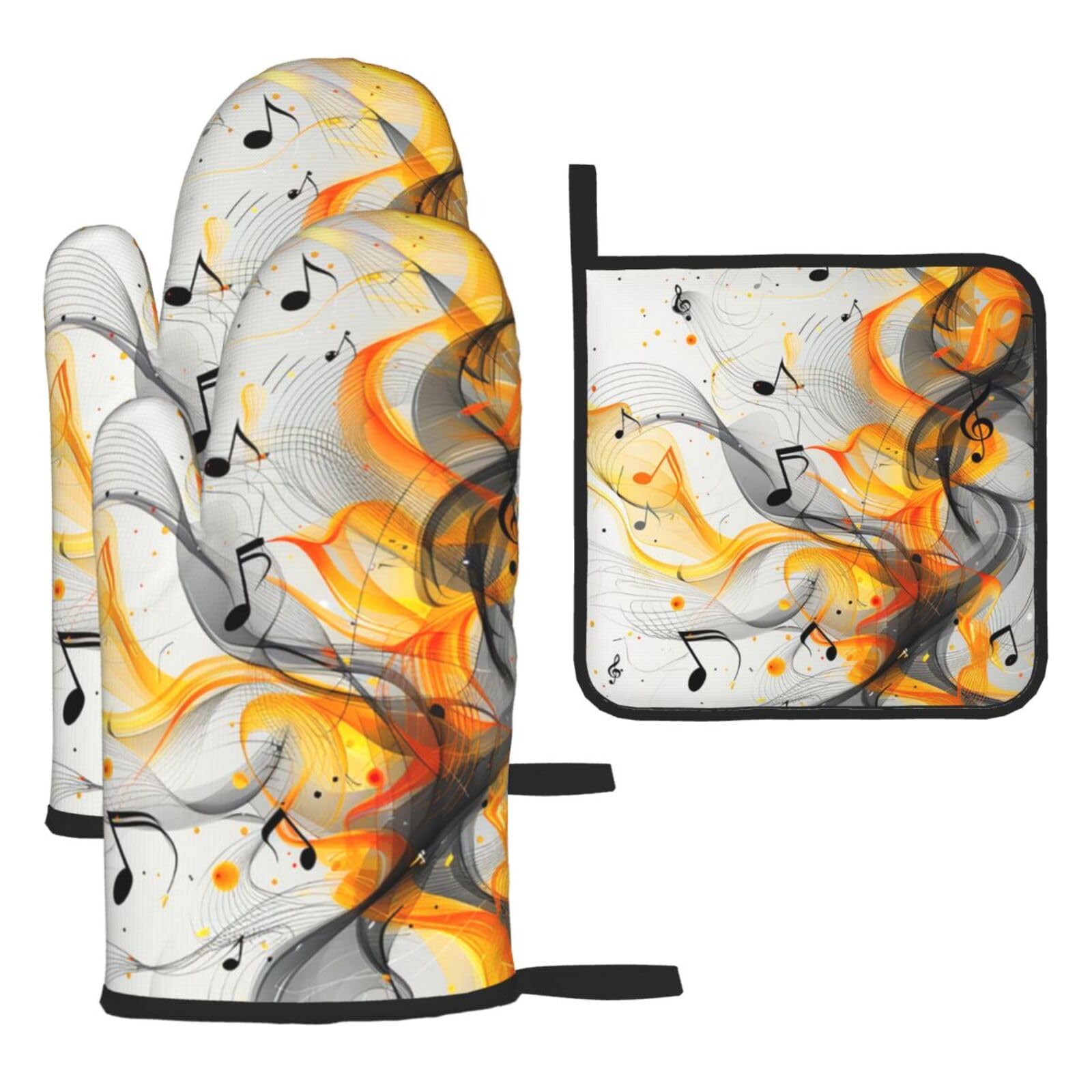 Oven Mitts and Pot Holders Set of 3 Heat Resistant Non-Slip Kitchen Gloves Hot Pads Music Notes Print Mittens Gloves Non-Slip Potholders for Cooking Baking Grilling BBQ