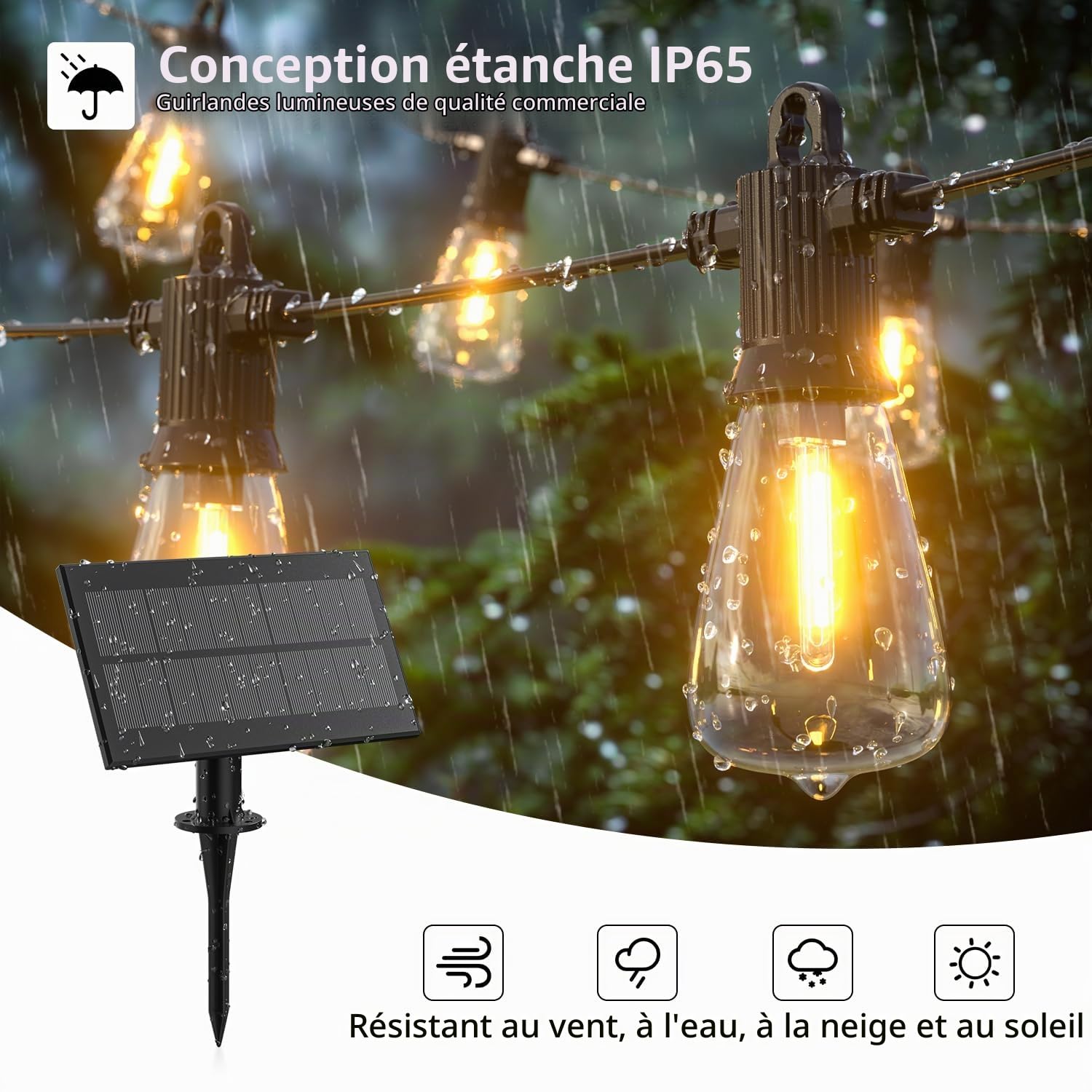 Kawaya Guirlande lumineuse solaire d'extérieur - 15 m - LED - Rechargeable - 5 modes d'éclairage - IP65 - Étanche - Avec 25 + 2 ampoules - Blanc chaud - Pour extérieur, balcon, terrasse