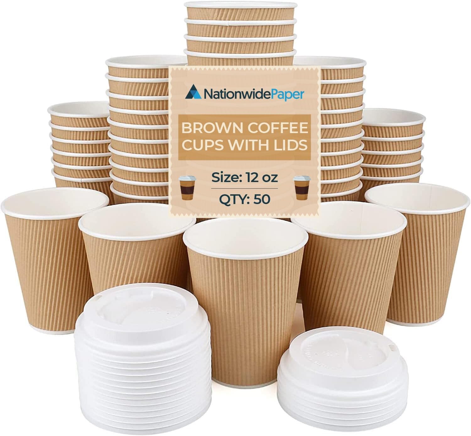Coffee Cups with Lids 12oz Disposable Takeaway Coffee Cups Triple Walled Ripple Cups Brown -50 Pcs