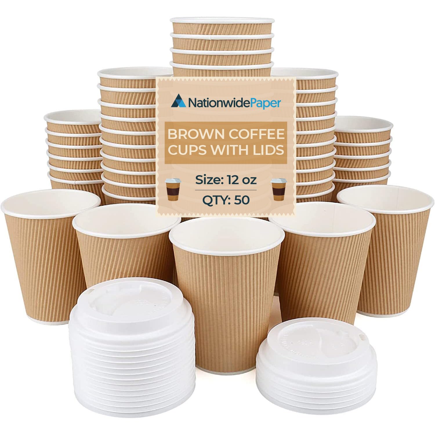 Coffee Cups with Lids 12oz Disposable Takeaway Coffee Cups Triple Walled Ripple Cups Brown - 50 Pcs