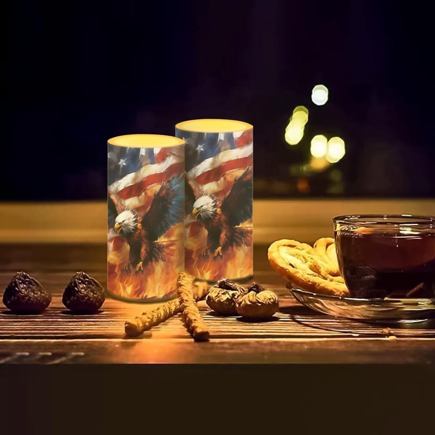 Eagle Flag Flameless Candles 2 Pack 6 x 3 inch Veterans Day USA Flag Battery Operated Candles with Multicolor Timer Remote Control LED Fake Candles for Warm Light Dinner Table Home Decor