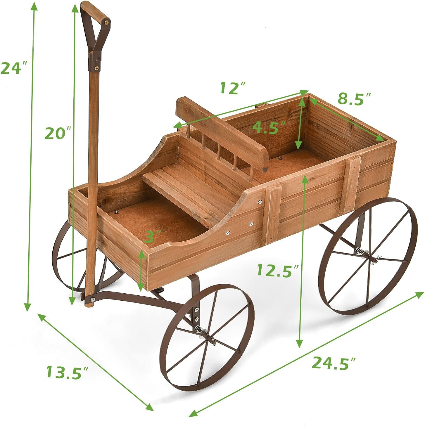 Giantex Decorative Garden Planter, Small Wagon Cart with Metal Wheels, Wood Raised Beds Plant Pot Stand for Backyard Garden Patio 24.5"x13.5"x24" (Natural)