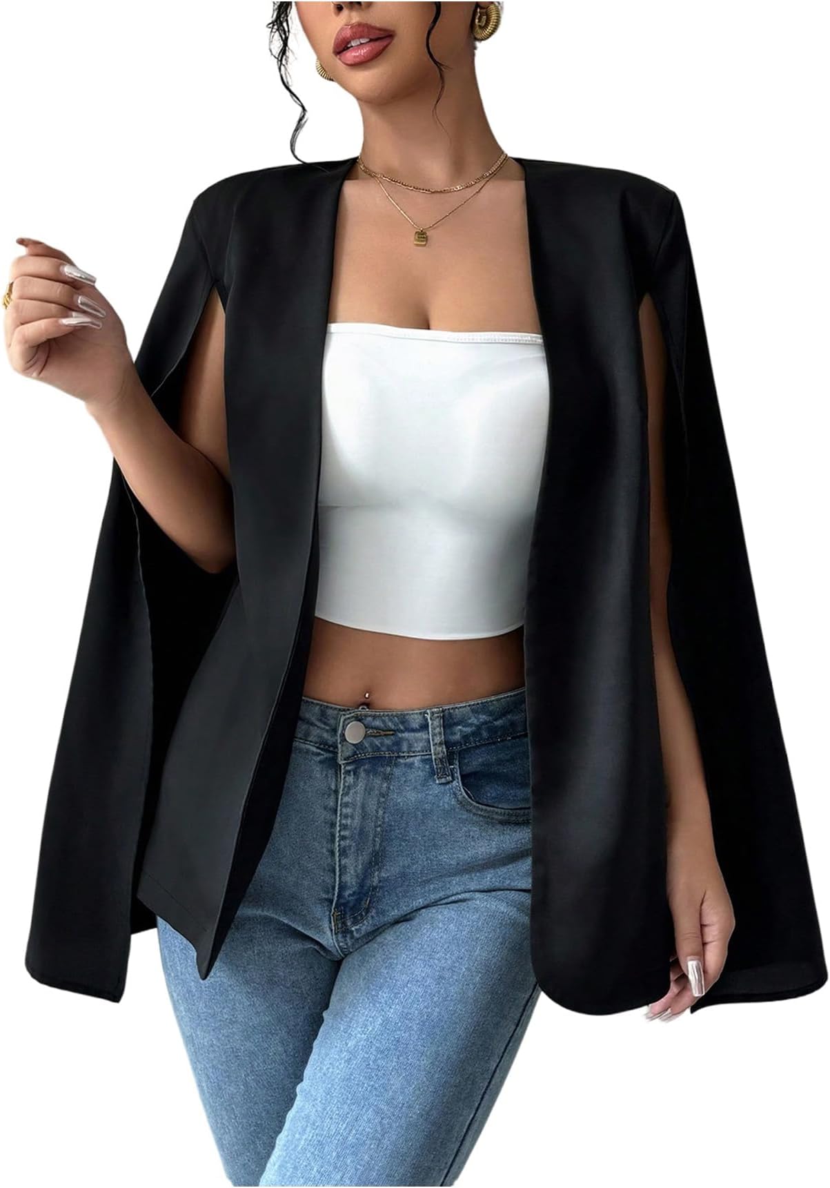 Women's Open Front Cape Blazer Split Long Sleeve Work Office Coat Jacket