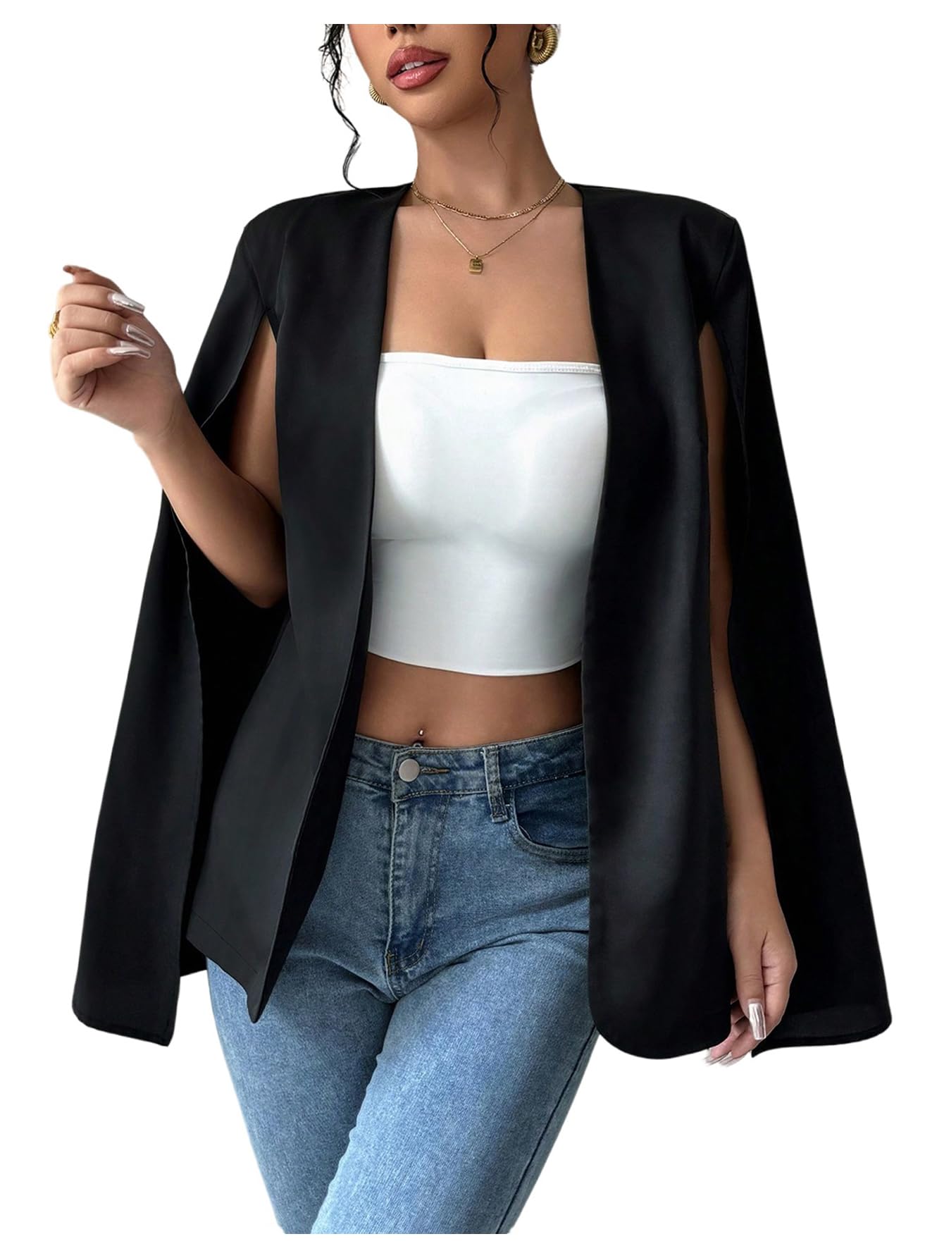 OYOANGLE Womens Cape Blazers Split Long Sleeve Open Front Elegant Work Dressy Jacket Coat Workwear