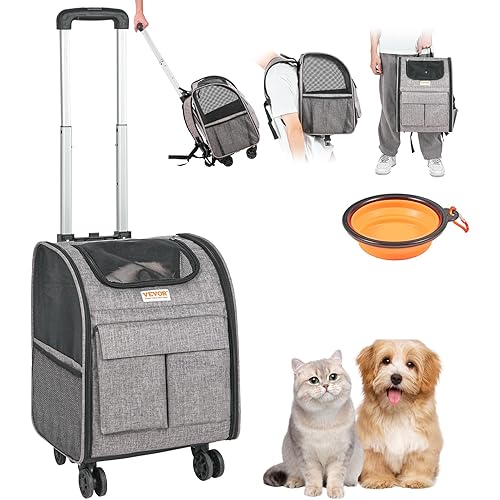 VEVOR Rolling Pet Carrier Backpack with Removable Wheels for Under 18LBS, Large Soft Sided Wheeled Dog Carrier Cat Travel Carrier Airline Approved for Small Dogs and Medium Cats with Upgraded Wheels
