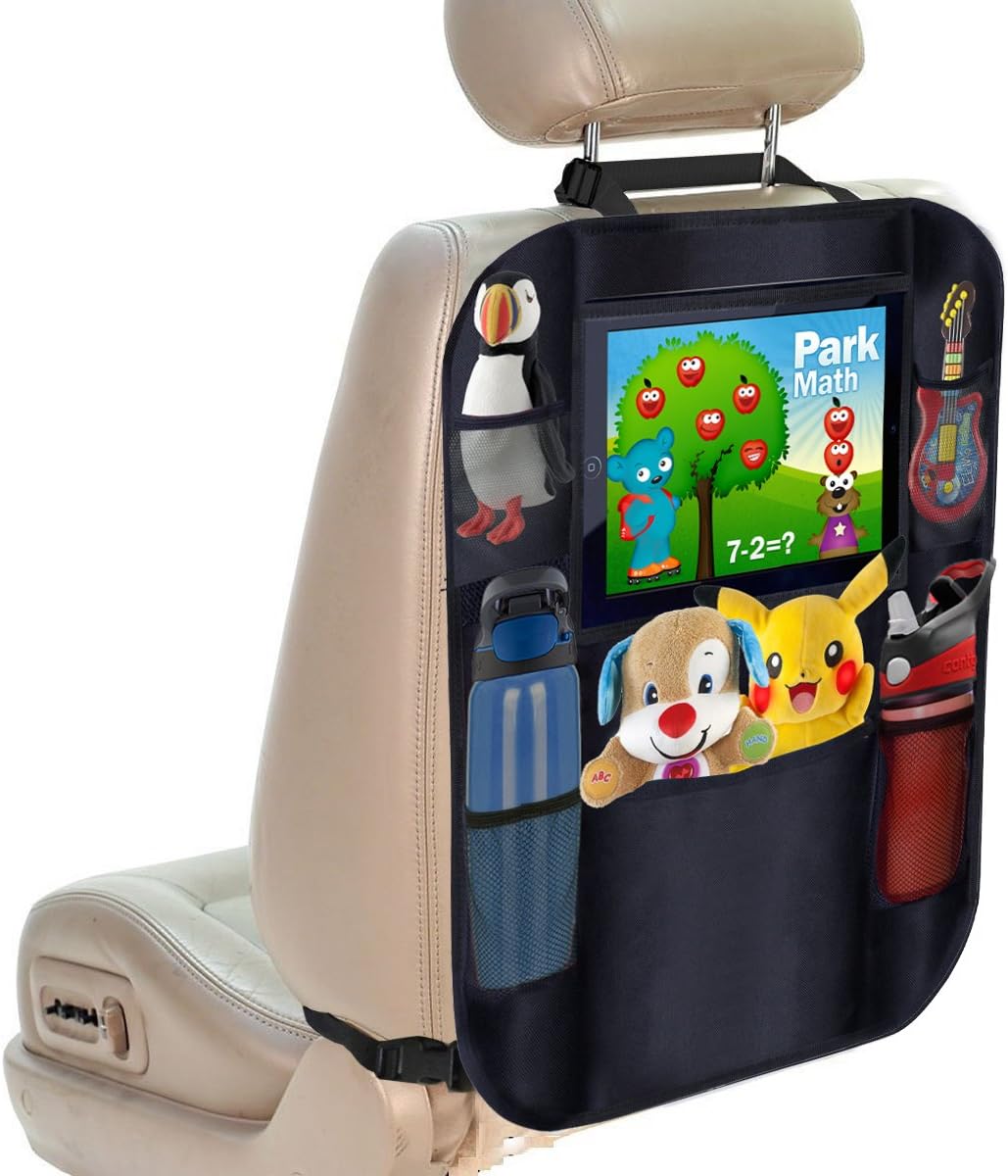 Oetoe Backseat Organizer + iPad and Tablet Holder - X-Large Multifunctional 5 Pocket Storage Car Seat Back Organizer and Kick Mat Protector, To Organize All Baby, Kids Travel Accessories