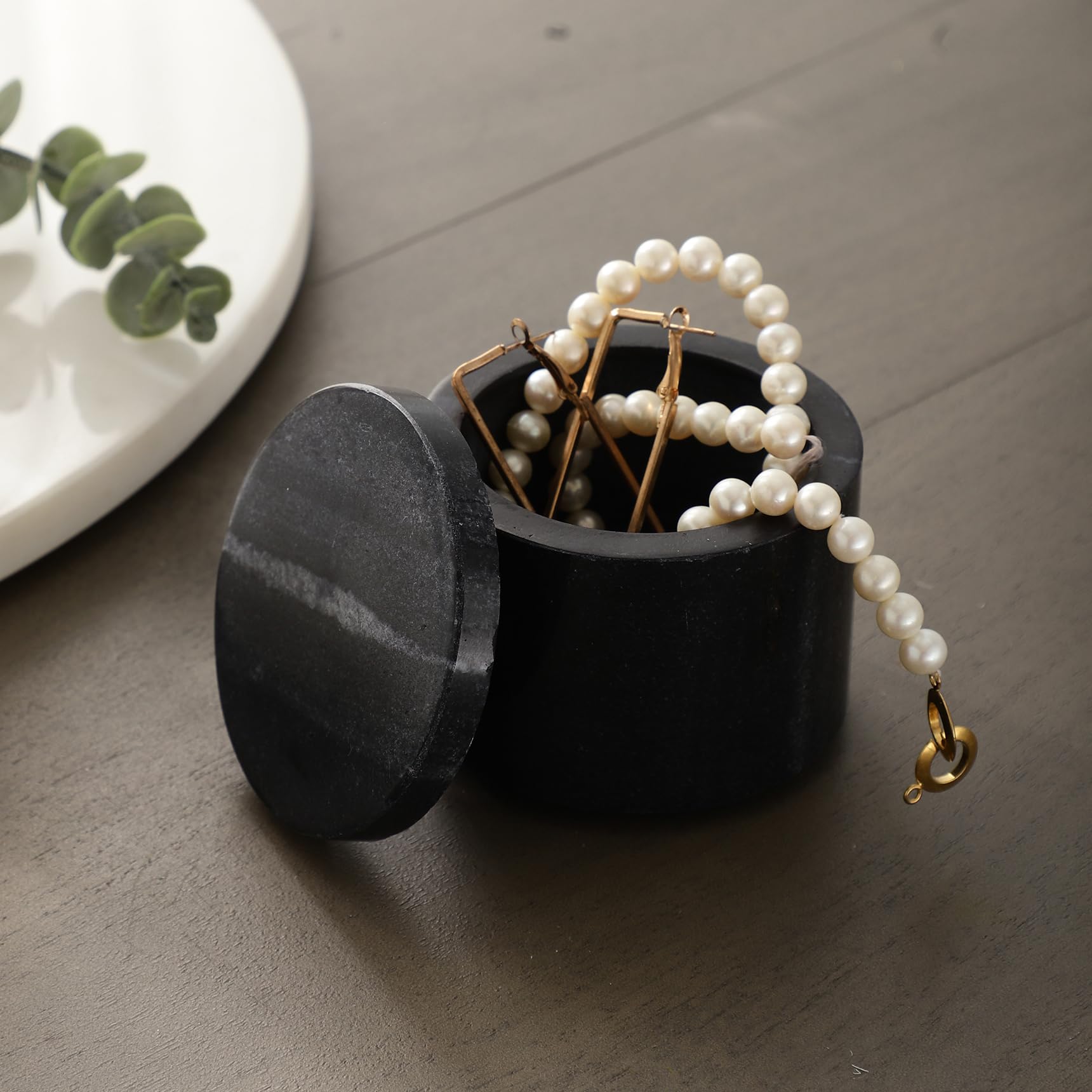 NikkisPride MArble Unique Salt and Pepper Cellar Box Marble Covered with Marble lid, Stone Spice Box (Black)