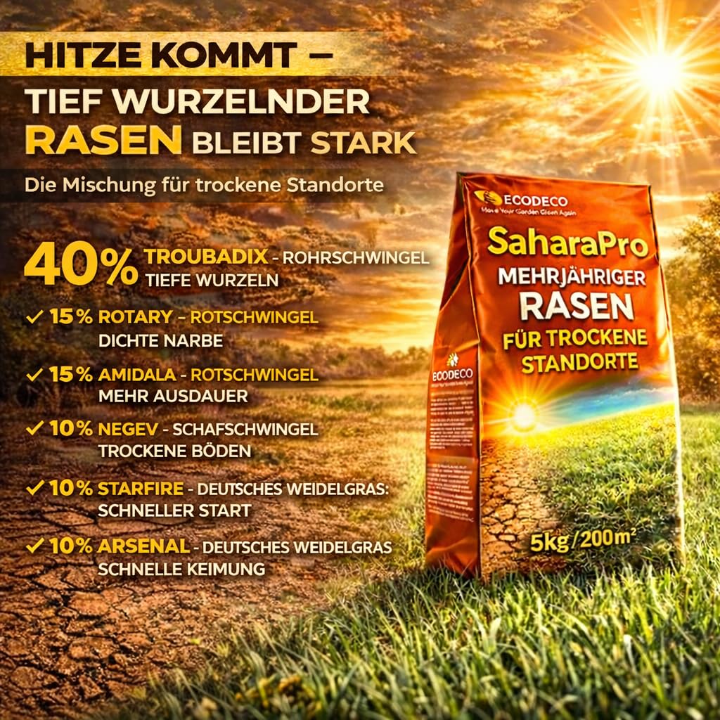 Rasensamen Trockenresistent 5kg – Grassamen & Trockenrasen mit 100% Mehrjährigen Gräsern – Schnellkeimend, Ideal für Extreme Trockenheit & Sonnige Flächen