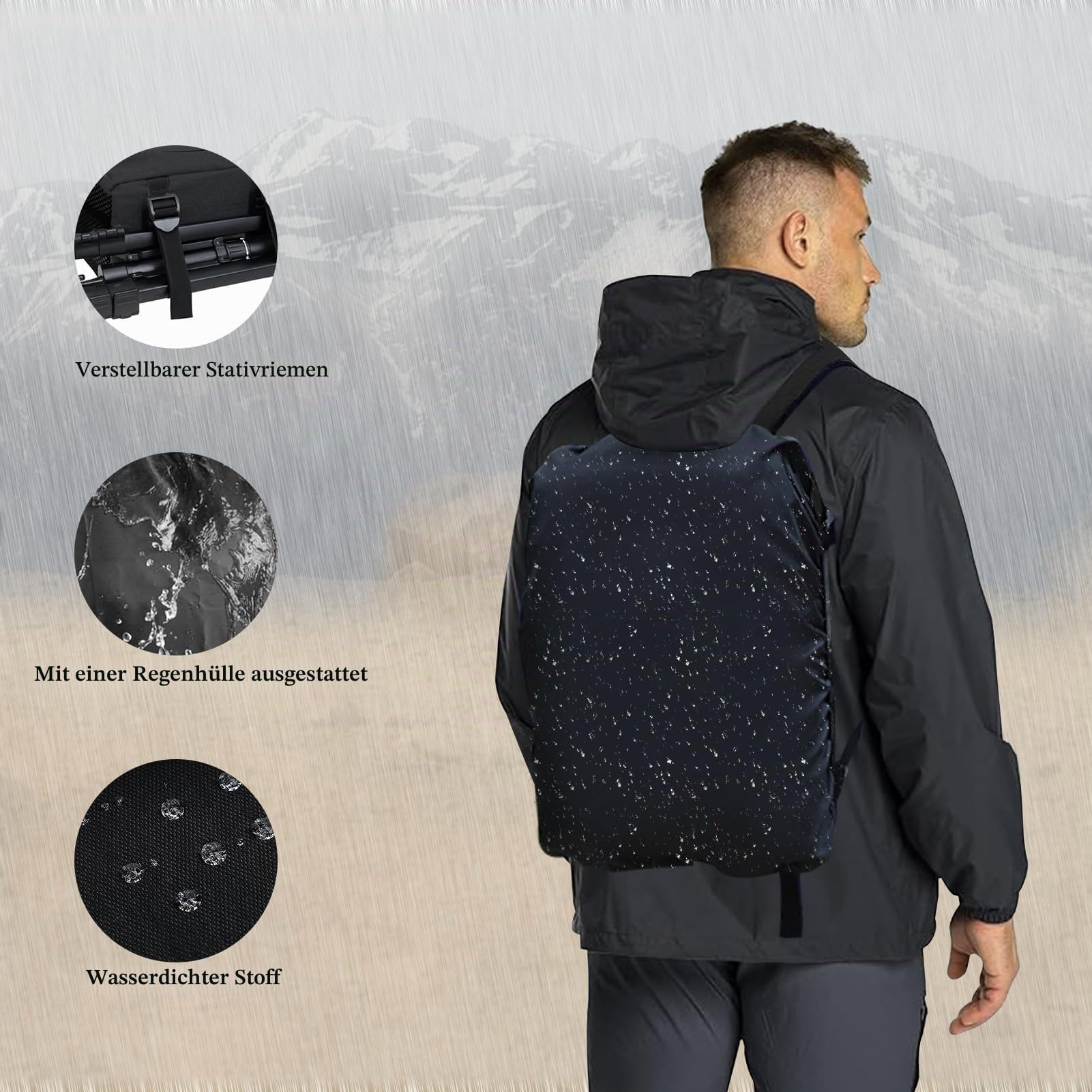 Kamerarucksack Groß, Fotorucksack für DSLR, Spiegelreflexkamera und spiegellose Kamera, Kamera Rucksack 39 x 29 x 19 cm mit Regenhülle, Trennwänden, Laptopfach und Brustgurt, Schwarz